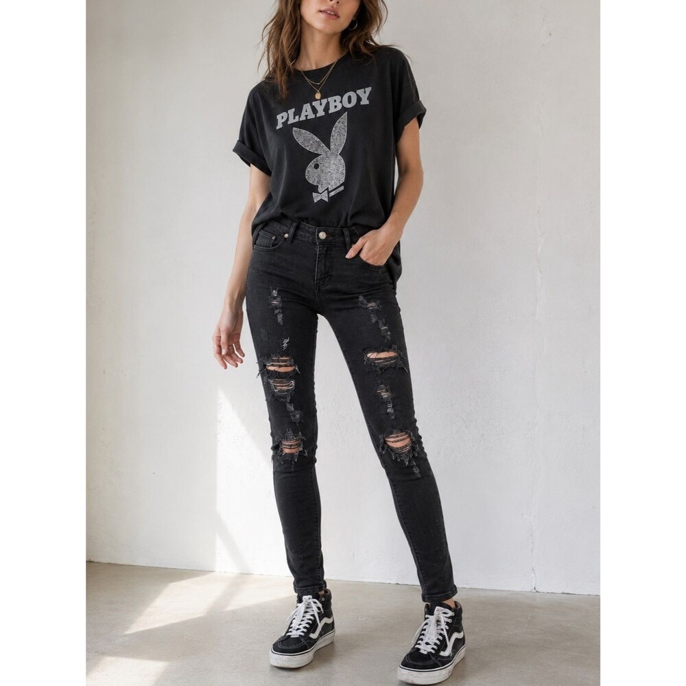 The Kooples Jimmy Black Distressed Skinny Jeans Size 29 Designer Stretch Denim